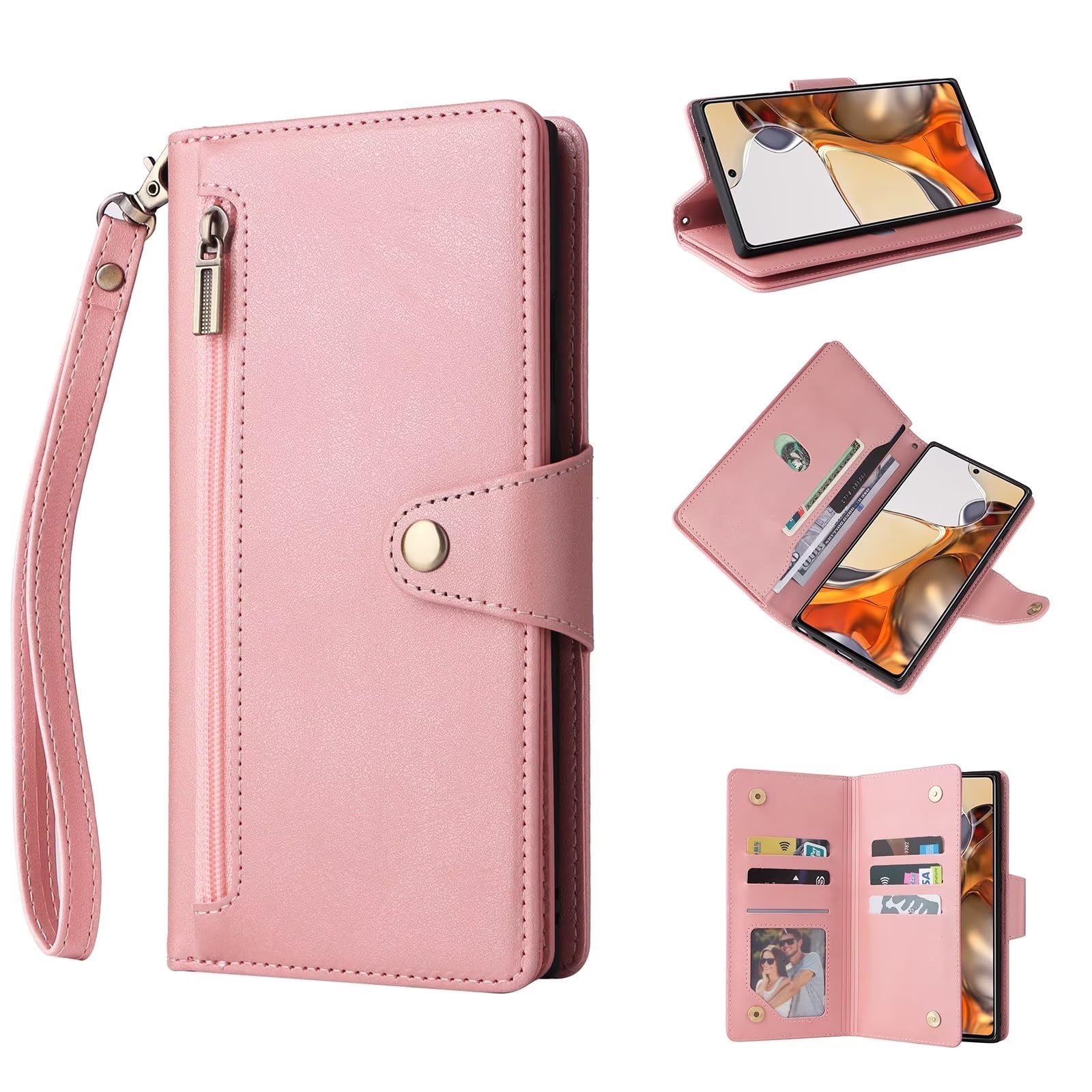 ESONG Wallet Case for Google Pixel 8,Premium PU Leather Zipper Pocket Magnetic Flip Stand Case Cover with Wrist Strap/Card Slots/Coin Pouch/Kickstand,Full Body Protection Phone Case -pink