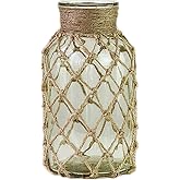 rismart Rustic Glass Bottle Flower Vase with Rope Net Home Decoration Green 16.2 x 8.2 cm