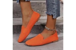 Women's Square Toe Flat Slip-On Shoes Breathable Knit Casual Loafers Ballet for Summer Daily Wear,Orange