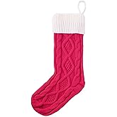 BELISHMIE Cable Knit Christmas Stocking with White Cuff, Large Elegant Knitted Holiday Fireplace Decoration and Festive Gift (Hot Pink)