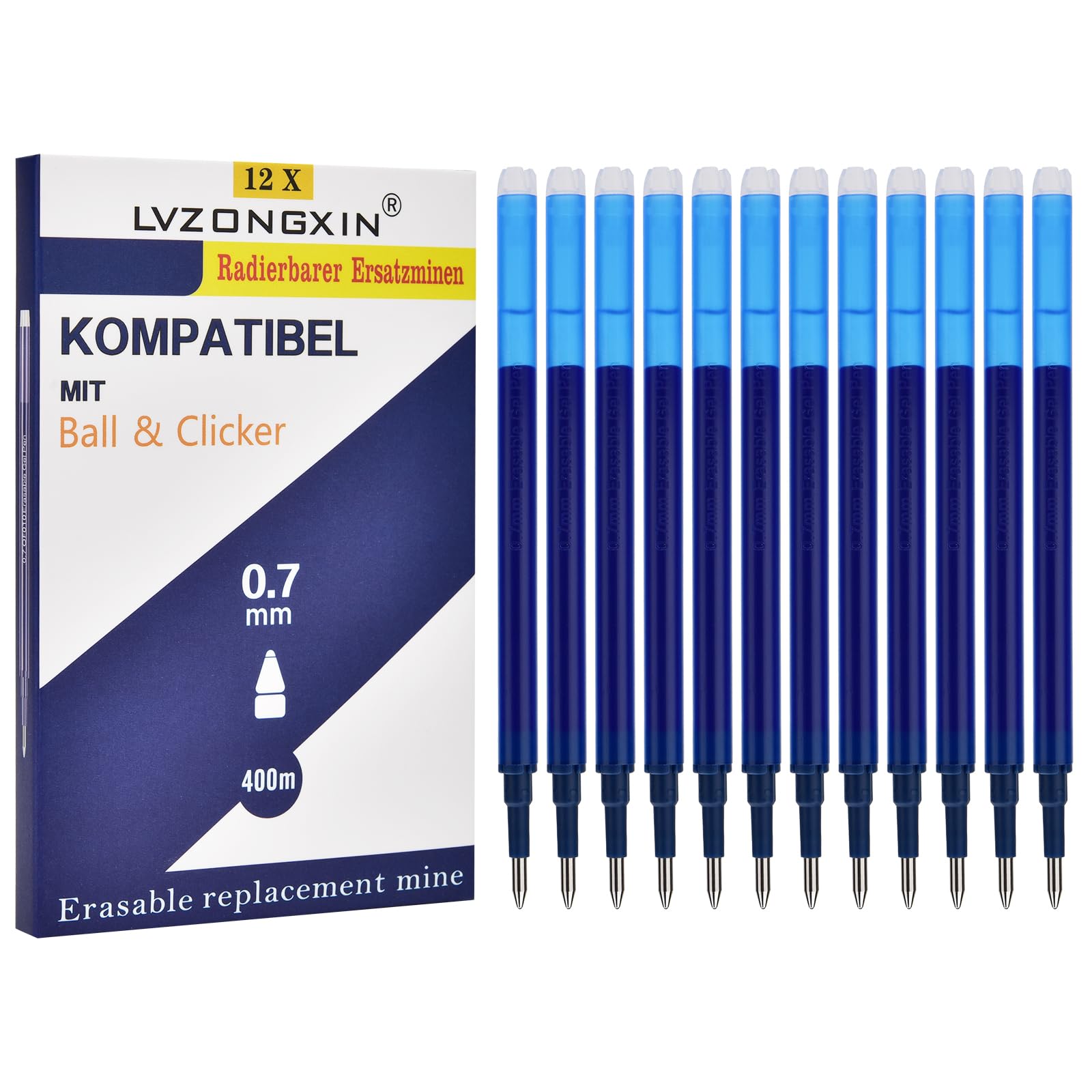 LVZONGXIN Refills 12 Pack, Compatible with Pilot FriXion，0.7 mm Erasable Rollerball Pen, 400 m Writing Length, Replaceable Refill (Blue, 1)