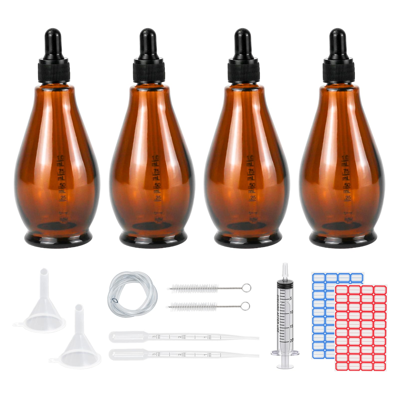 Reyshin 100ml Glass Dropper Bottles, 4 Pack Pear Shaped Amber Glass Bottle with Dropper Pipettes Refillable Sample Dropper Bottle for Essential Oil Massage Aromatherapy Eye Drops (Amber 100ml) — image 1