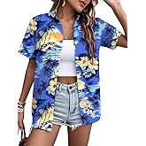 Hawaiian Shirts for Women: Summer Vacation Tees Tropical Floral Graphic T-Shirts Beach Hawaiian Button Up Tops