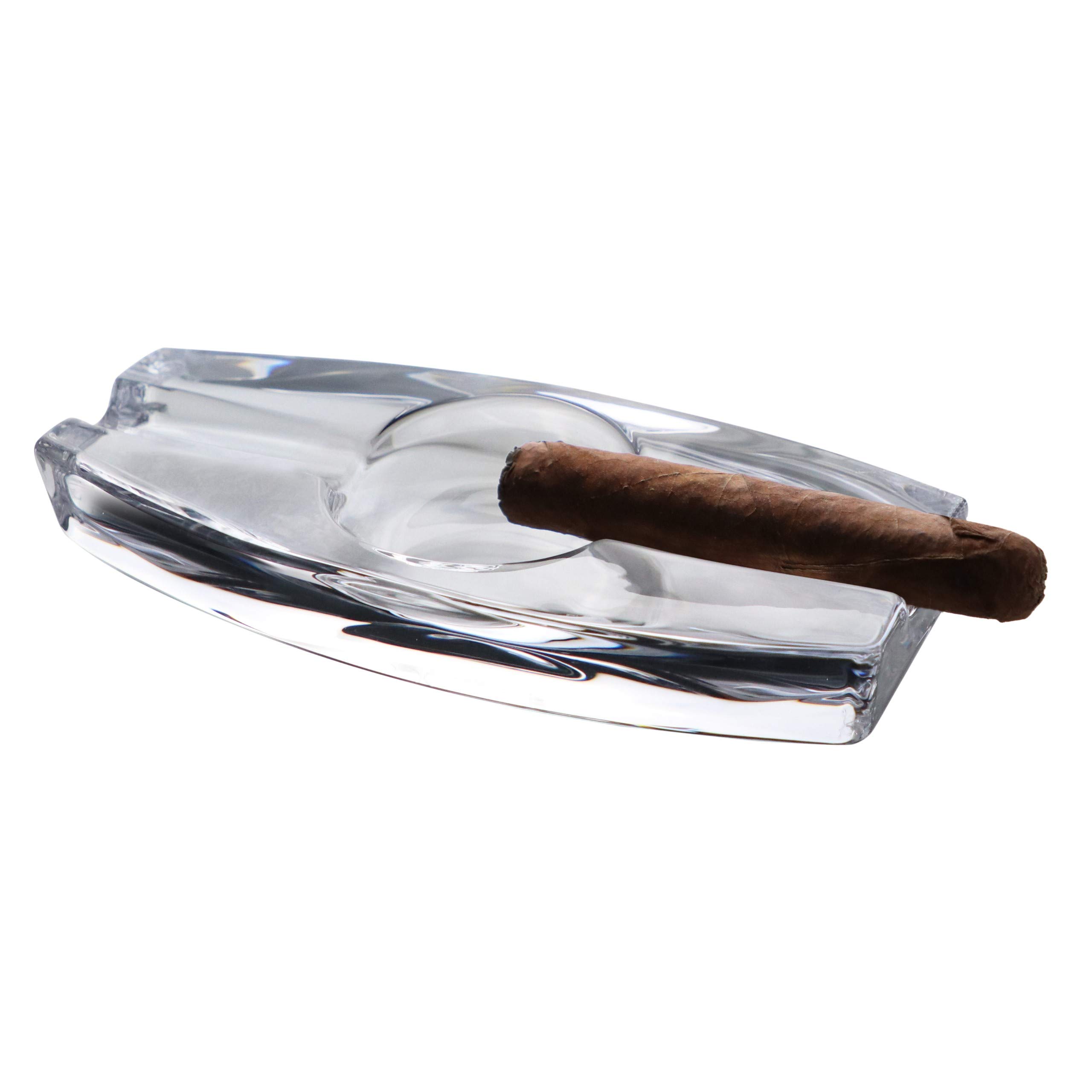 Crystal Glass Heavy Cigar Ashtray with 2 Cigar Rests, Rectangular, Large, Handmade, for Patio, Deck, Professional Use, Outdoor, Indoor, Home, Office, Hotel, Pool, Restaurant (Long with 2 Holders)