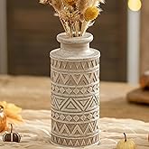 Hanobe Boho Vases Home Decor: Rustic Farmhouse Wood Vase for Living Room Kitchen Dining Table Centerpiece Aesthetic Carved Patterns Fall Decorations Bathroom Bedroom Office Accents