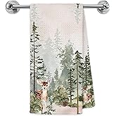 Exqcom Watercolor Forest Kitchen Towels, Green Woodland Hand Towels for Bathroom Kitchen, Misty Pine Tree Woods Deer Wild Animal Decorative Dish Towels Drying Cloth, 16x24 Inch