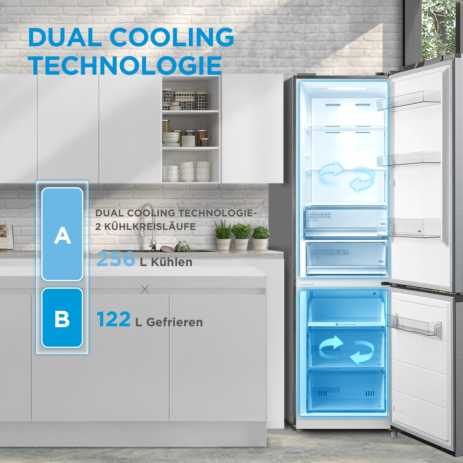 Midea MDRB521MIC46A Kühl-/Gefrierkombination/No Frost/WiFi-Steuerung/Inverter Kompressor/201 cm hoch / 59,5 cm breit /70 cm tiefe/177 kWh/Jahr/256 L Kühlteil/122 L Gefrierteil, Front Inox 8