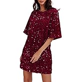 R.Vivimos Women's Sparkly Sequin Party Dress Fall Winter Short Sleeve Crew Neck Velvet Loose Elegant Backless Mini Dress