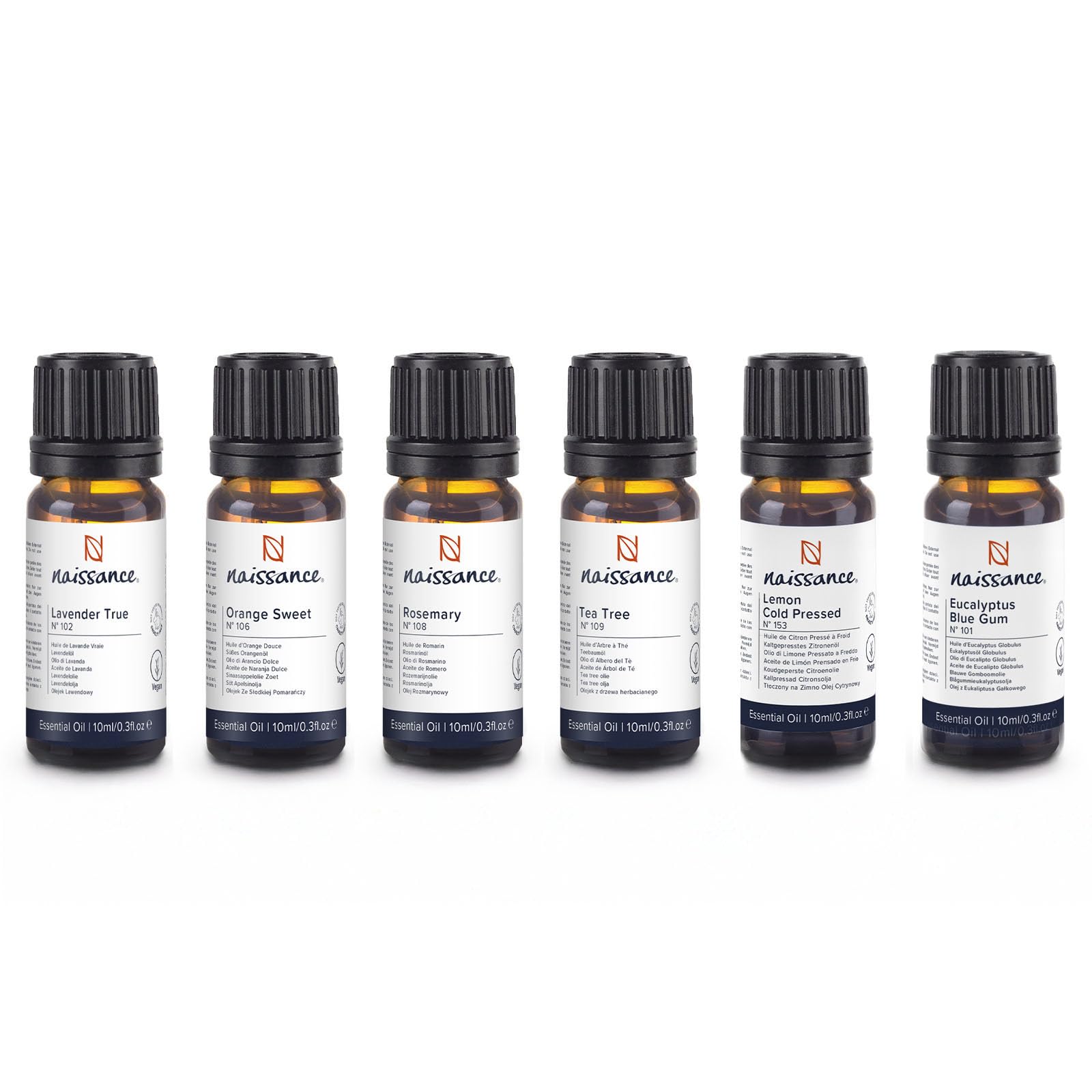 Naissance Essential Oils Set 6 x 10ml - Pure, Natural - for Diffusers, Burners, Humidifiers - Lavender, Eucalyptus, Lemon, Tea Tree, Orange, Rosemary