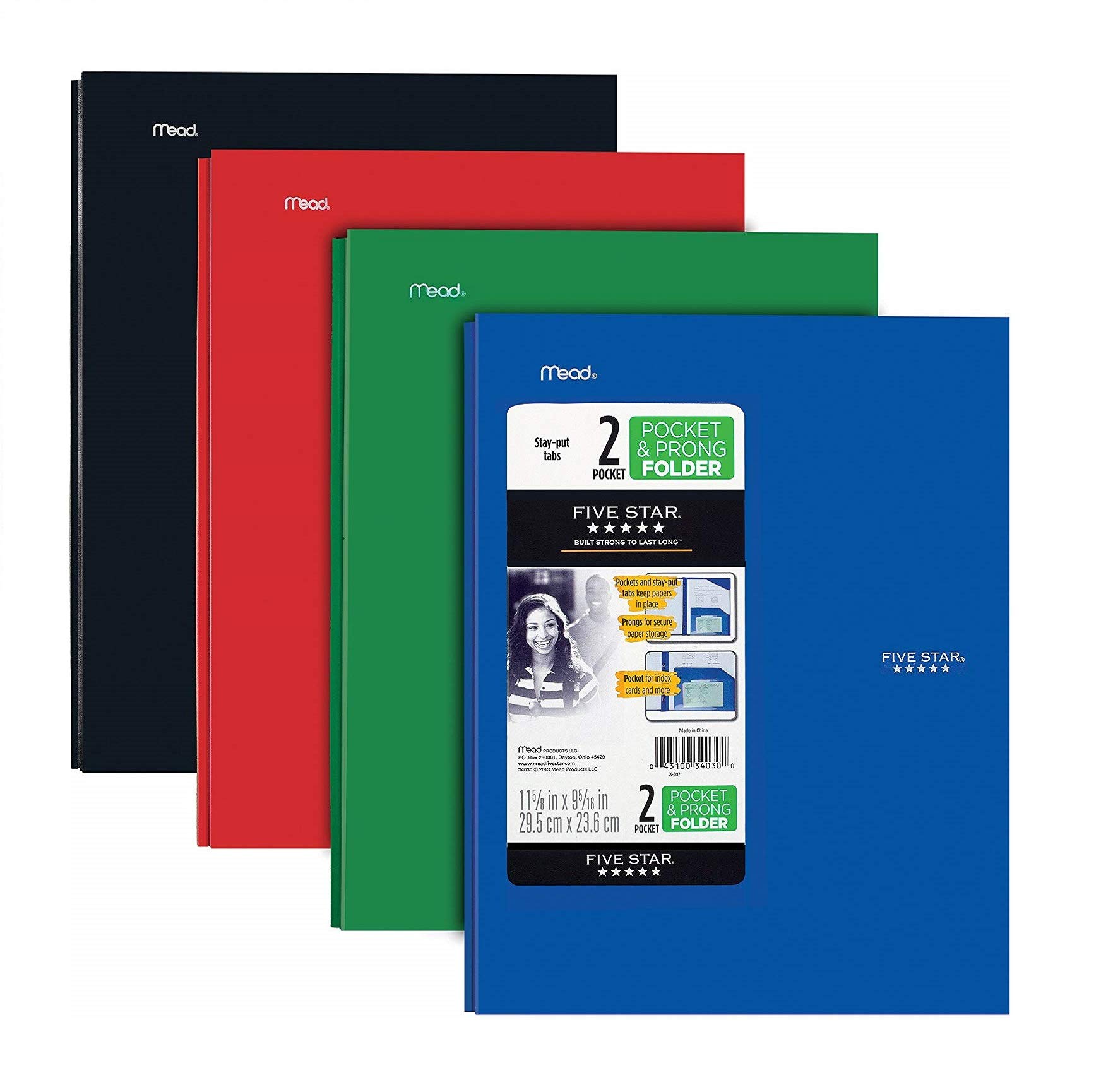 Five Star 2-Pocket Folder, 4 Pack, Plastic Folder with Stay-Put Tabs and Prong Fasteners, Holds 8-1/2" x 11" Paper, Black, Fire Red, Forest Green, Pacific Blue (38048)