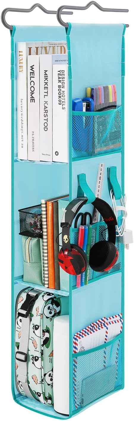 Magicfly Hanging Locker Ladder Organizer for School, Work, Gym Storage,3 to 2 Shelves Closed Back 20-38" Tall 5.5" Wide 8.9" Deep, Adjustable Locker Shelf, Blue with Green Trim