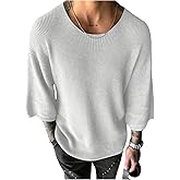 Verdusa Men's Drop Shoulder 3/4 Sleeve Sweaters Crew Neck Ribbed Knit Tops