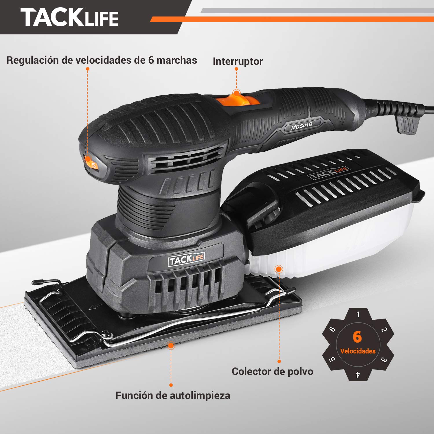 TACKLIFE Lijadora Multifuncional 3 en 1 Lijadora Eléctrica Mouse Orbital  con 15 Papeles de Lija 6 Velocidades Variables 7000-12000RPM Sistema de  Recolección de Polvo Eficiente para Bricolaje MDS01B Lijadoras Industria,  empresas y ciencia