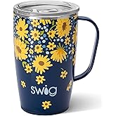 Swig Life 18oz Travel Mug, Insulated Tumbler with Handle and Lid, Cup Holder Friendly, Dishwasher Safe, Stainless Steel, Travel Coffee Cup (Lazy Daisy)
