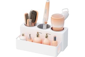Lifewit Hair Tool Organizer, Removable Hair Dryer Holder Countertop, Acrylic Hot Tools Organizer with 3 Stainless Cups for Curling Iron, Straightener, Hairbrush, Makeup Accessories in Bathroom, White