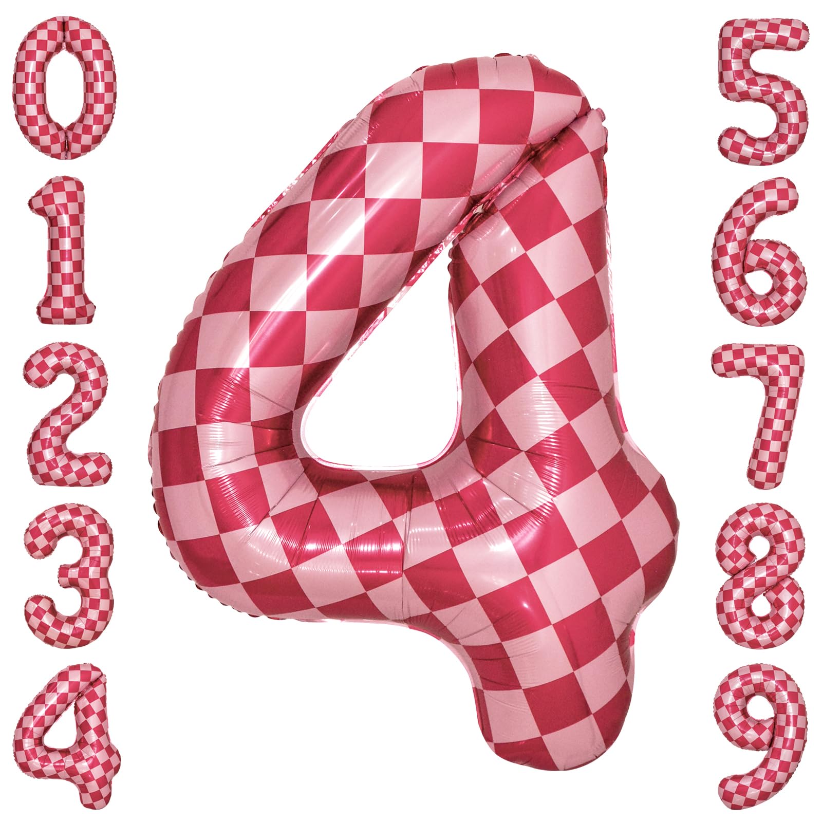Photo 1 of 40 Inch Pink Checkered 4 Balloon Large Hot Pink Number Balloons for Girls 4th Birthday Decorations Pink Number 4 Balloon