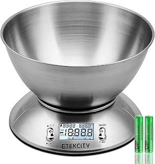 Etekcity Küchenwaage Digitalwaage Professionelle Waage aus Edelstahl mit 1,96 Liter abnehmbarer Schüssel, 5kg/11lb Elektronische Waage, Raumtemperaturanzeige und Timer für Backen & Kochen, Silber