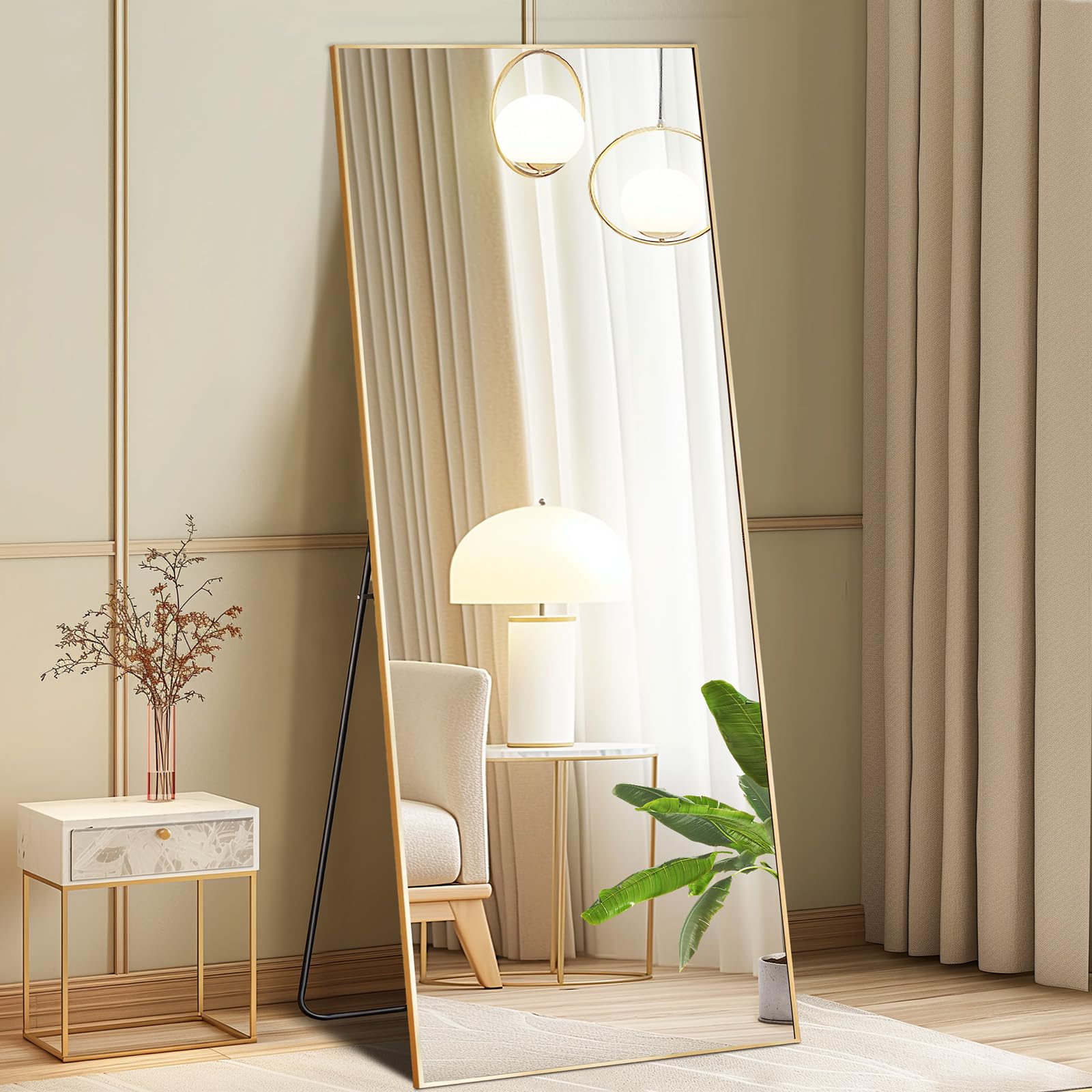 DUMOS Full Length Mirror with Stand, 56"x15" Floor Mirror with Aluminum Alloy Frame for Bedroom, Standing Full Body Mirror with Shatter-proorf Nano Glass for Wall, Living Room, Cloakroom, Gold Image