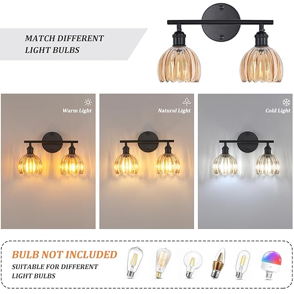 SHENMOYL BATHROOM LIGHT FIXTURES, 2-LIGHT BLACK VANITY WALL LIGHT OVER MIRROR WITH AMBER TULIP GLASS SHADE FOR BEDROOM LIVING ROOM (BULB NOT INCLUDED)