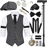 VillbeCoser 1920s Mens Costume, Roaring 20s Costumes Accessories Set Vest Foldable Crutches Fedora Hat Pocket Watch Tie