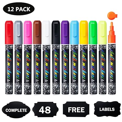 Kreidemarker mit 48 Tafelaufkleber, 12 Farben Flüssige Kreide Abwischbar Whiteboard Marker kreidestift mit Reversible Rundspi