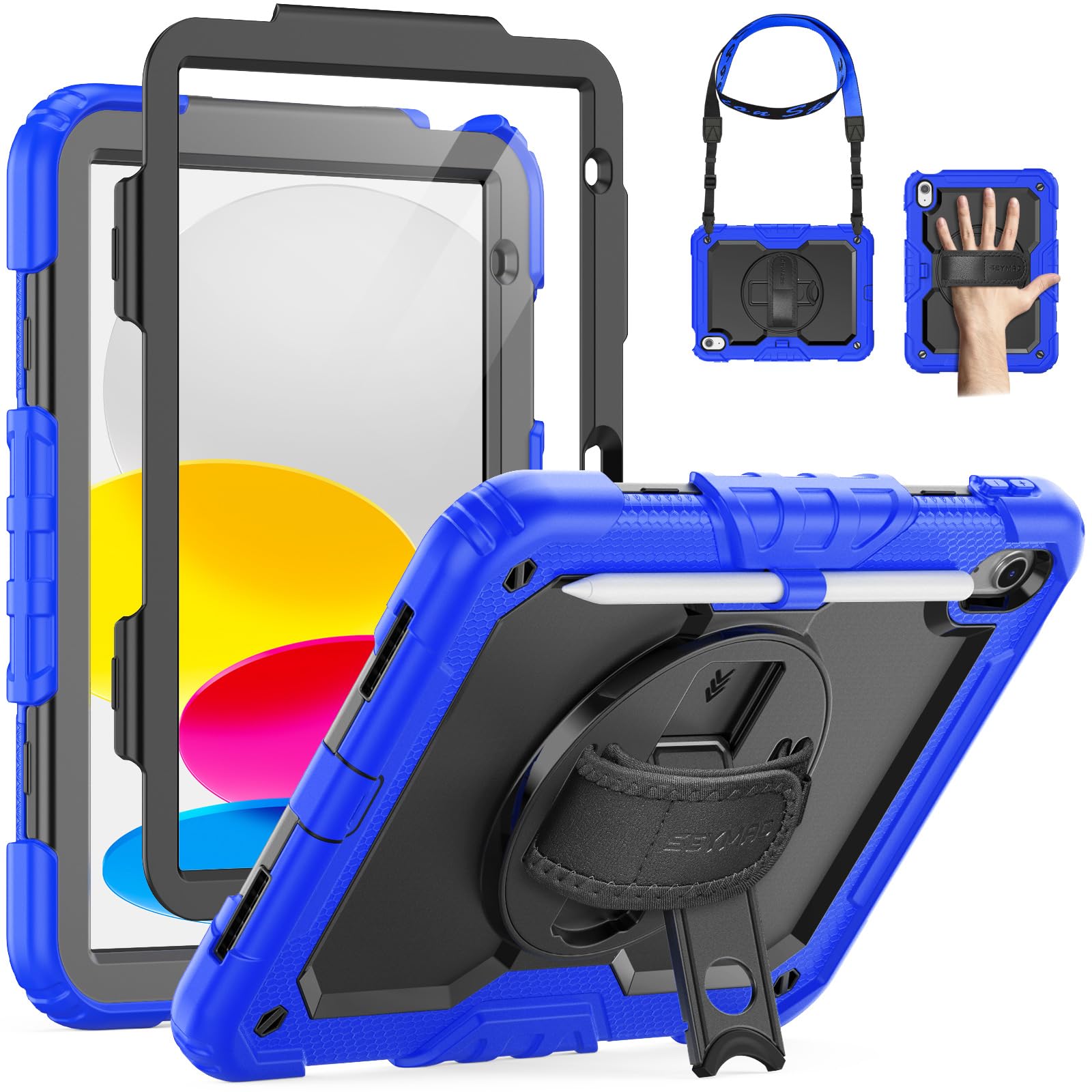 SEYMAC Case for iPad A16 11th/10th Generation 2025/2022 11inch/10.9inch, Heavy Duty Shockproof with Screen Protector, 360° Rotating Stand/Hand Strap/Pencil Holder for iPad 11 Cover, Blue