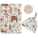 LifeTree Muslin Swaddle Blankets, Muslin Baby Boy Swaddle Blanket and Hat Set with Birth Announcement Card, Newborn Unisex Receiving Blankets Woodland Forest Animals