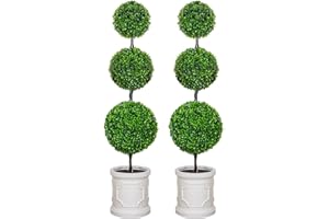 VIVATREES 4FT Artificial Triple Ball Topiary Trees with Roman Style Vintage White Planter Pot, Outdoor Indoor Realistic Faux Shrubs Plants, Fake Trees for Home Offices Porch Decor, Set of 2