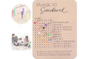 agoname Phase 10 Score Board, Wooden Phase 10 Scoreboard, Phase 10 Score Sheets with 8 Colored Pegs, 10 Scorecard and Round Tracker, Classic Family Adults Board Card Games Night Table Score Boards