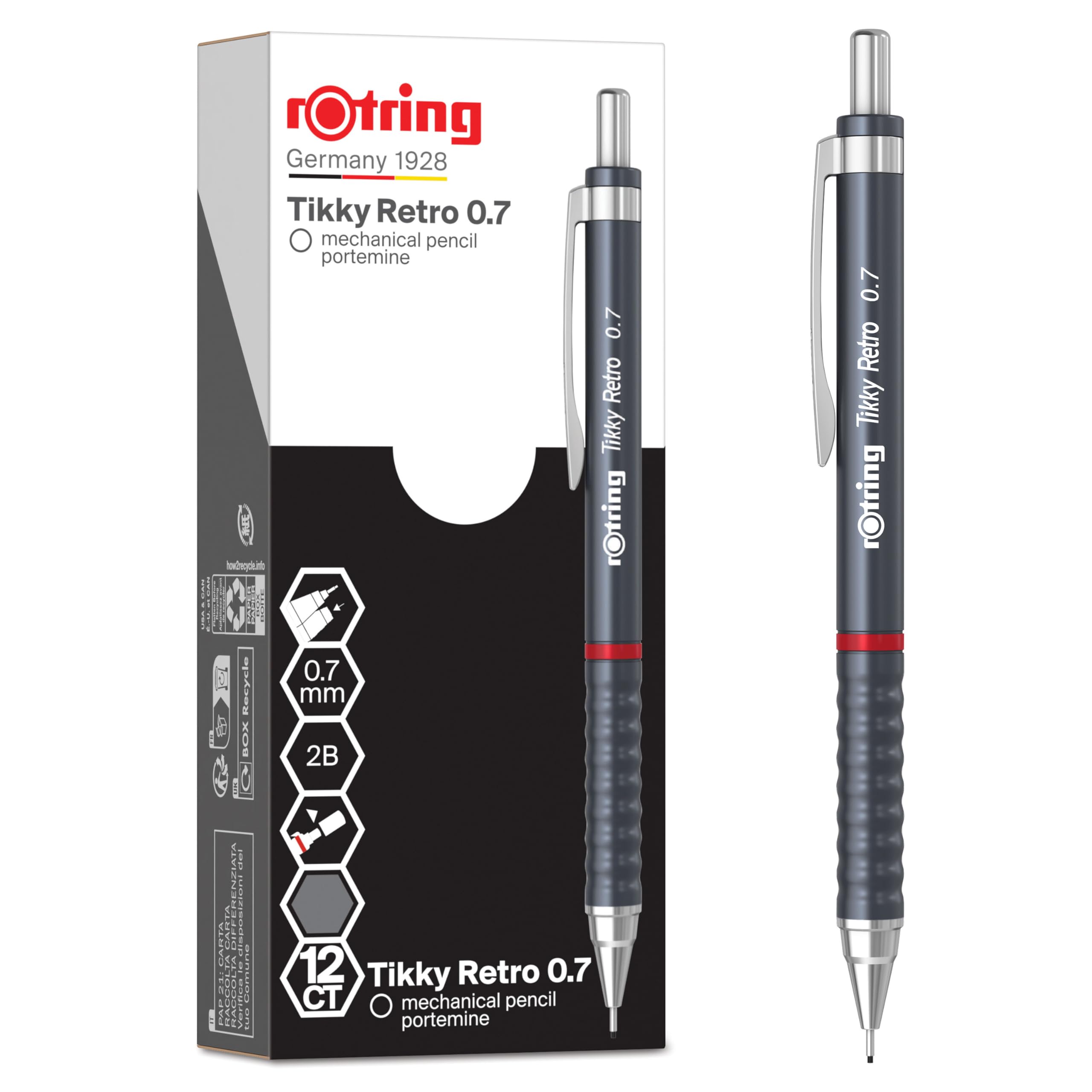 rOtring Tikky Retro Mechanical Pencils | 2B 0.7 mm | Grey Barrels | with Comfort Rippled Grip | 12 Count