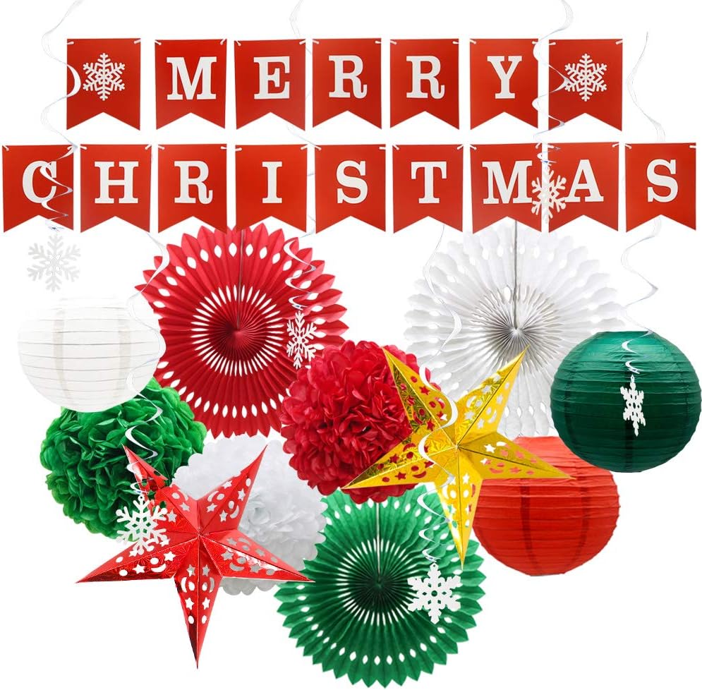 Christmas Party Decorations, Merry Christmas Banner, Hanging Swirls, Hollow Star Lanterns, Paper Fans, Pom Poms Flower Balls, Paper Lanterns for Birthday Wedding Xmas New Years Eve Party Supplies: Health & Personal Care