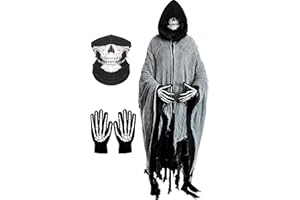 GOWPUG Grim Reaper Costume Halloween Horror Cloak with Hood for Men Vintage Scary Hooked Cloak Set, Skull Mask & Skeleton Gloves