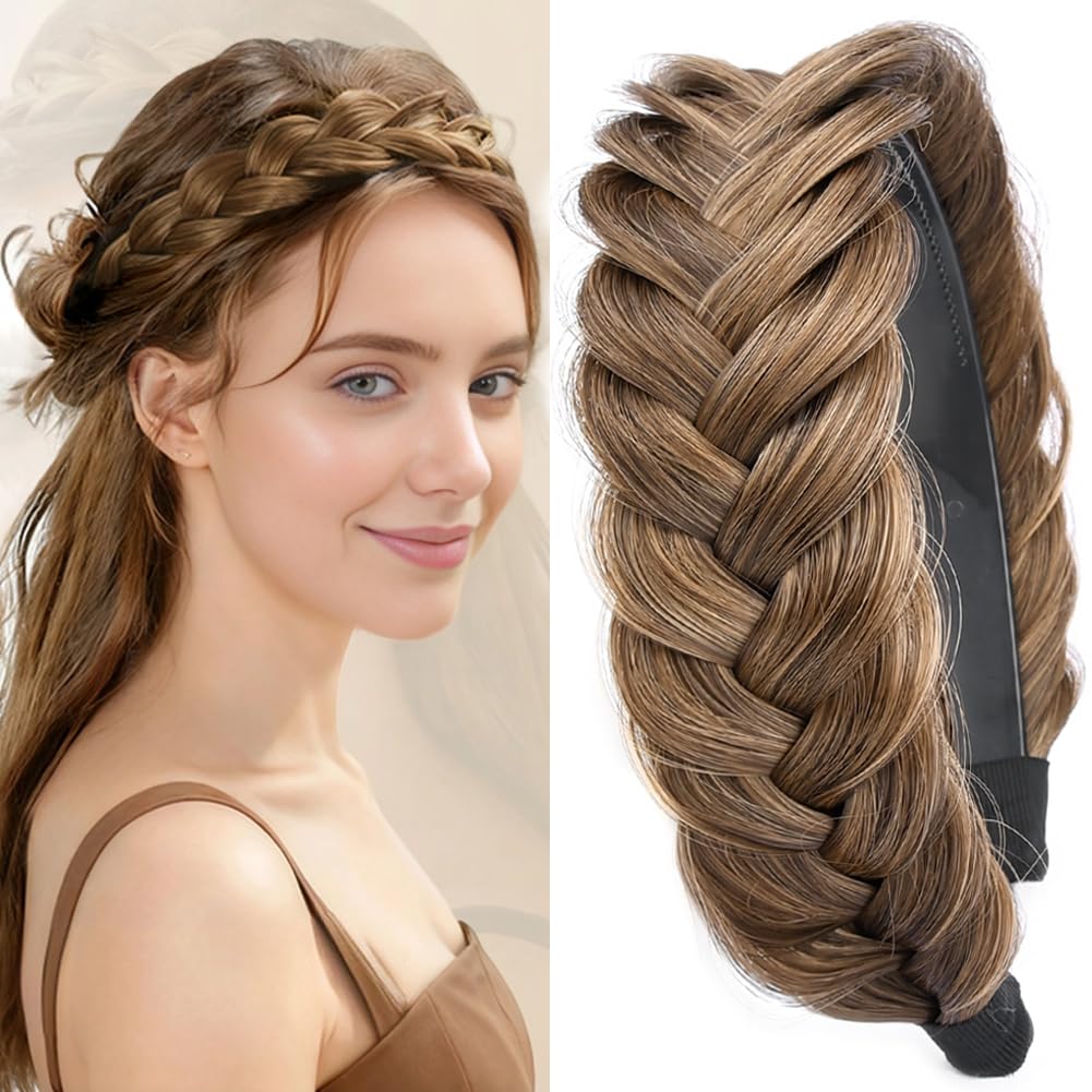 GLEDOLA Wide Messy Braided Headband with Teeth Synthetic Hair Plaited Headband High Elasticity Braids Chunky Fishtail Braided Hair Band Hairpiece for Girls Women (Claybank) — image 1