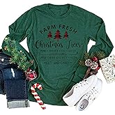Farm Fresh Christmas Plaid Trees T Shirt Womens Casual Letter Print Long Sleeve Shirt Funny Pullover Graphic Tees