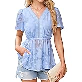 Falechay Womens Tops Short Sleeve Lace V Neck Blouses Babydoll Flowy Casual Empire Shirts Boho Peplum Chiffon Tunics