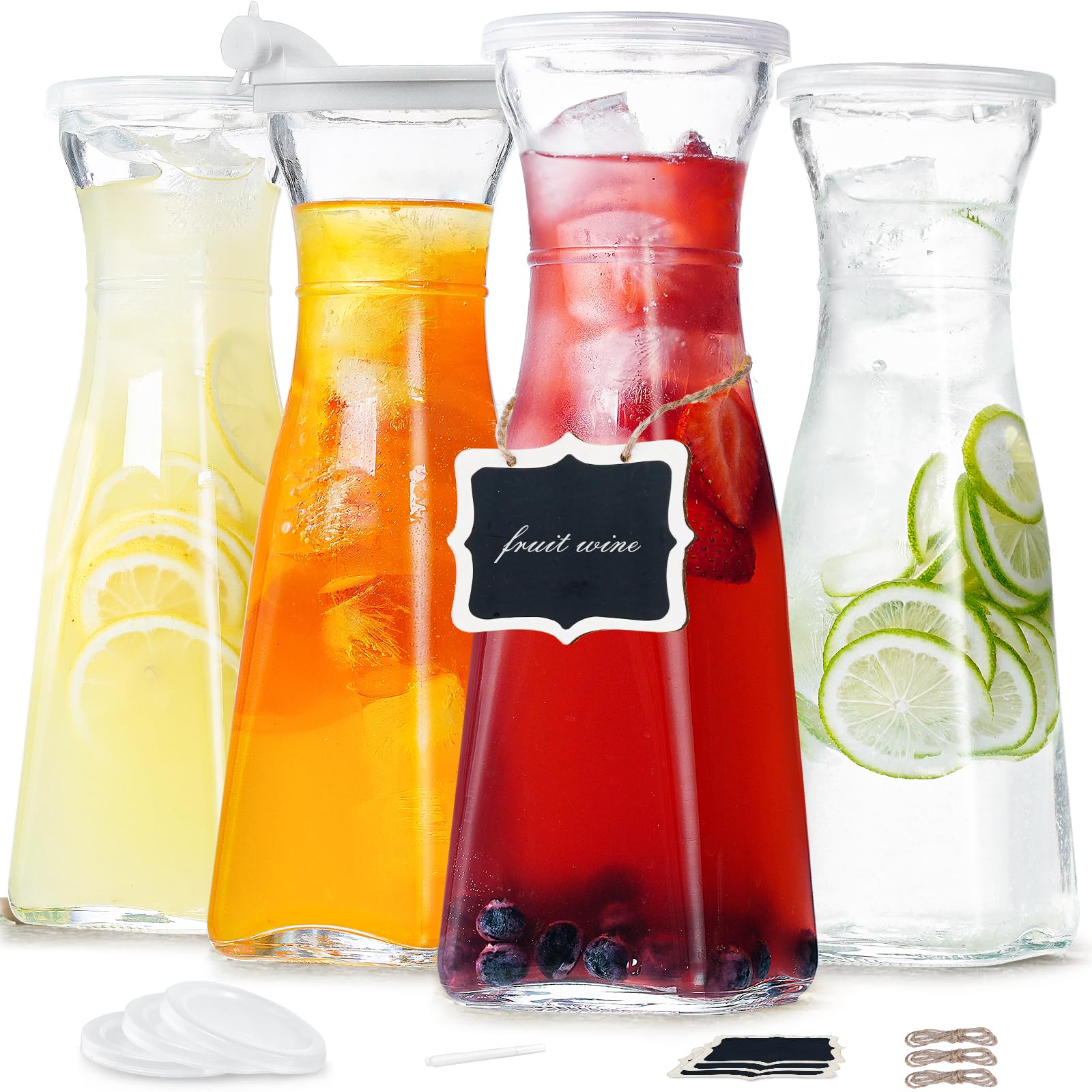 Photo 1 of Ritayedet Glass Carafe, 1 Liter Carafe for Mimosa Bar, 4 Pcs, Square Pitcher with Lid, Drink Dispenser for Parties, Cold Water, Milk, Juice Container, Tea, Wine, Cocktails (6 Lids & 1 Spout)
