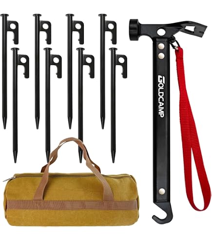 GOLDCAMP Tent Stakes with Hammer Kit, Heavy Duty Camping Stakes Set with Canvas Storage Bag, 8 Pack 7075 Aluminum Tent Pegs with Stake Remover Hook for Tents Tarps Canopies Hiking