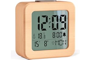 CHEREEKI Wooden Alarm Clock with Date, Temperature, LCD Backlit, Light Sensor, Snooze, Loud Clock for Heavy Sleepers, Battery