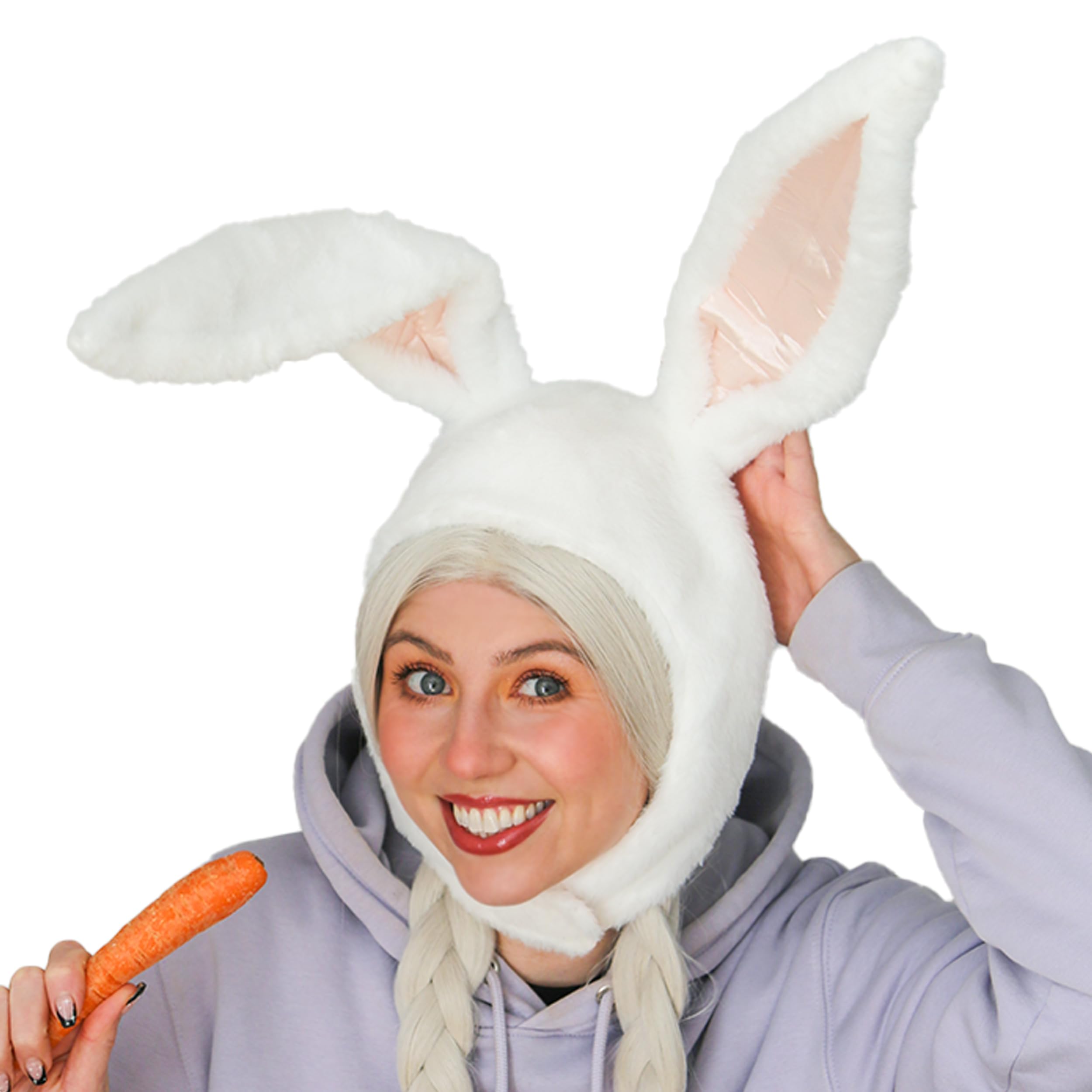 TRIXES Easter Bunny Hat – Funny Headdress for Fancy Dress, Bunny Costume, Cosplay and More – Fluffy White and Pink Rabbit Party Wear for Adults and Kids – Posable Ears