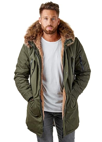 EightyFive EF7128 Herren Parka Winterjacke Kunstfell Teddyfell Schwarz Camel