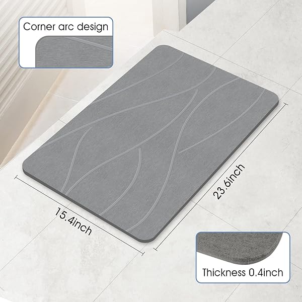 VEELOIM STONE BATH MAT DIATOMACEOUS EARTH SHOWER MAT NON-SLIP SUPER ABSORBENT DIATOMITE STONE BATH MATS FOR BATHROOM FLOOR QUICK DRYING NATURAL EASY TO CLEAN(23.6”×15.4″ GRAY)