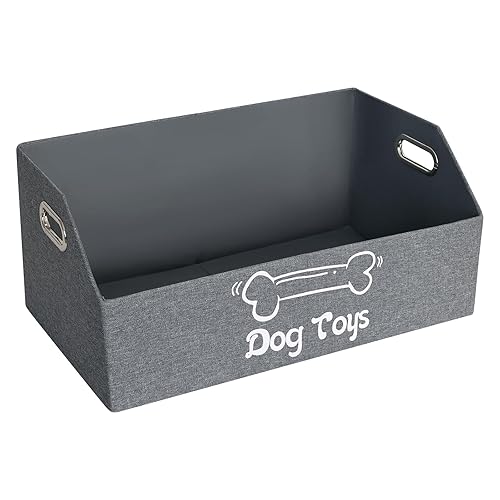 ORGMASTER Dog Toy Basket, Puppy Toys Storage Organizer Box Foldable Trapezoid Fabric Bin Pet Supplies Holder Container with Metal Handles for Organizing Dogs Chew Toys Blankets Leashes, Deep Gray