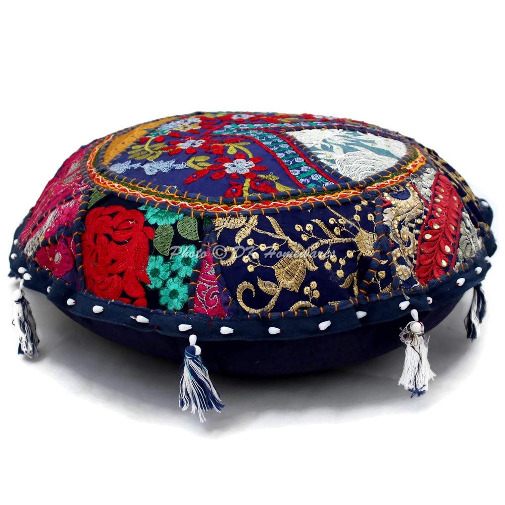 DK Homewares Ethnic Embroidered Dark Blue Floor Round Children Cushion Cover 18 X 18 Inches Living Room Decorative Vintage Cotton Patchwork 45 Cm