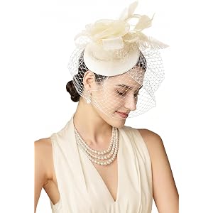 BABEYOND Fascinators Hats for Women Tulle Mesh Flower Pillbox Hat with Veil | Tea Party Headpiece, Feathers, Floral Design, E