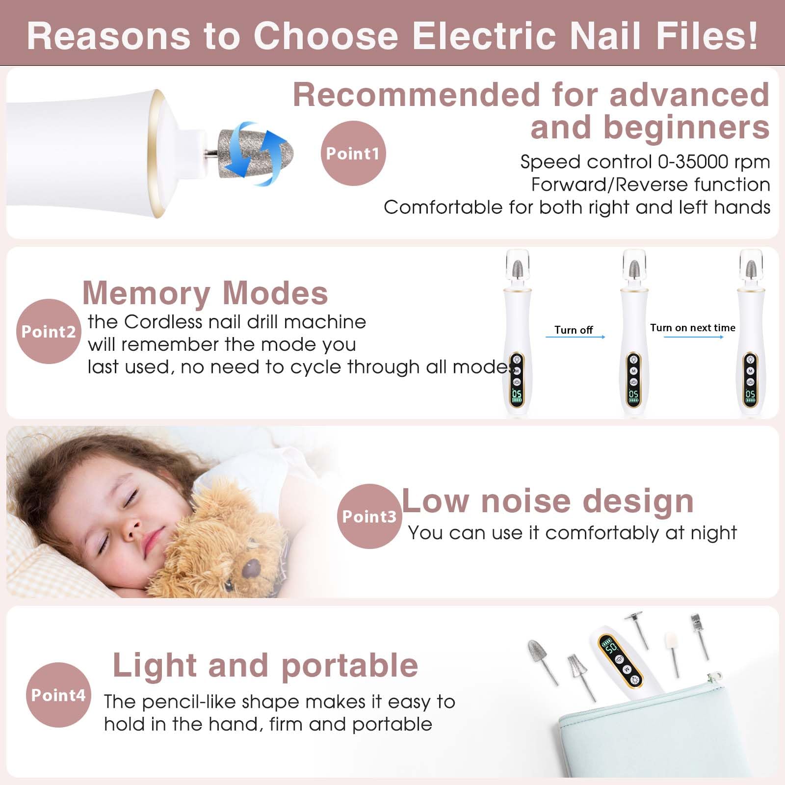 Professional Manicure Pedicure Kit, Cordless Electric Nail Drill with 360° LED light&10 Speeds, Rechargeable Pedicure Tools for feet, Hand Foot Care Nail Drill for Thick Nail Toenail Cuticle Women Men - Image 8