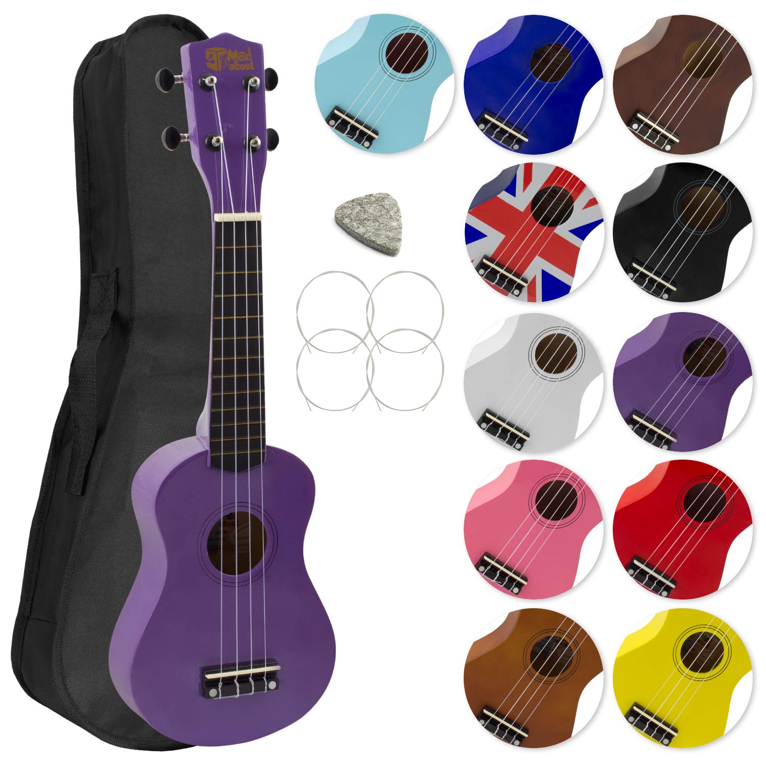 Mad About SU8 Soprano Ukulele with FREE Gig Bag, Pick, and Spare Strings – Great for Schools and Beginners, Now With Carbon Black Strings for Improved Tuning - Purple