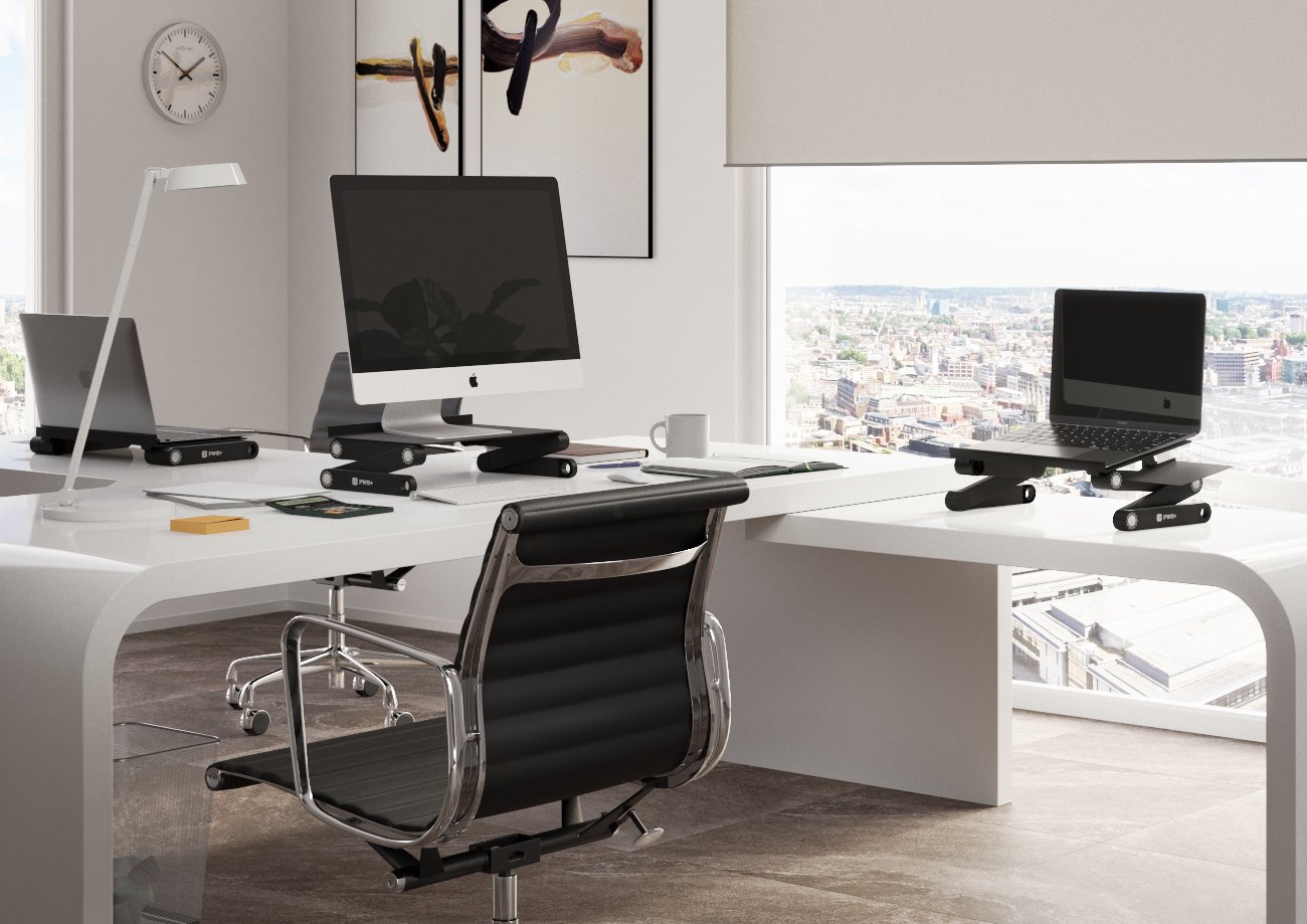 Pwr Laptop Table Stand Adjustable Riser: Portable with Mouse Pad Fully Ergonomic Mount Ultrabook Macbook Notebook Light Weight Aluminum Black Bed Tray Desk Book Fans Up to 17"