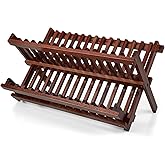 VERTORGAN Teak Dish Drying Rack,Folding Collapsible Drainer Plate Organizer Holder for Kitchen,Foldable Spice Rack for Countertop and Cabinet,Pantry Organization and Storage