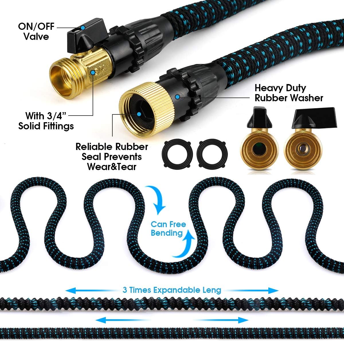 50 FT Expandable Garden Hose, Upgraded Leakproof Flexible Water Hose，With 9 Function High-Pressure Spray Nozzle and 4-Layers Flex Strong Latex, With 3/4" Hose Splitter for Watering and Washing: Home Improvement