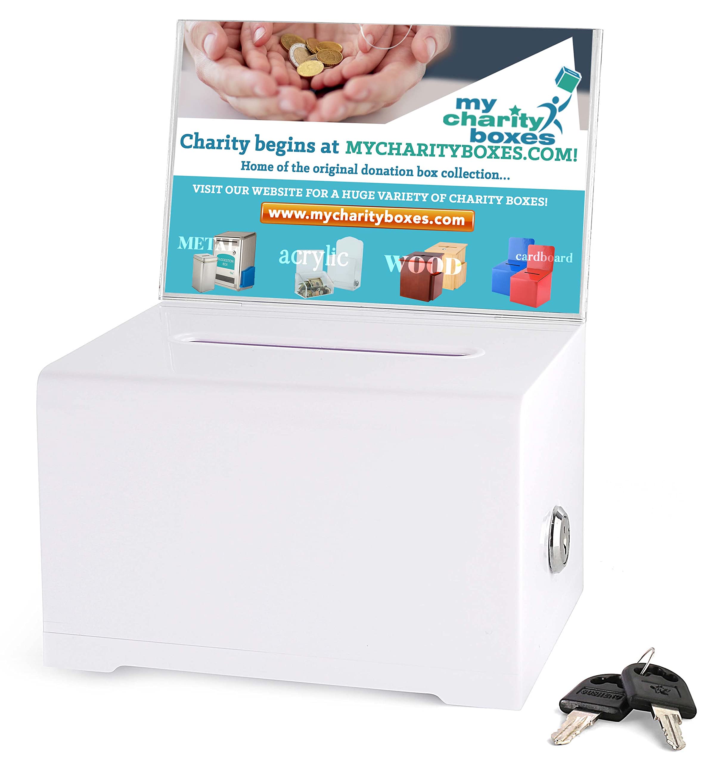 My Charity Boxes Quality Acrylic like Donation and Suggestion Ballot Box with Lock - Secure and Safe Drawing ticket Box - Great for Business Cards and events (White) (AC-32)
